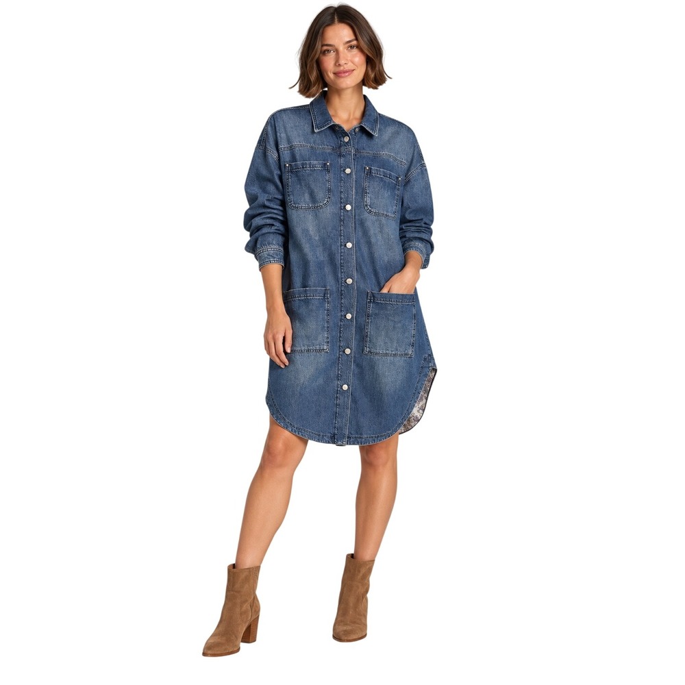 Pilcro Anthropologie Denim Shirt Dress M Oversized Duster Chore Utility Jacket